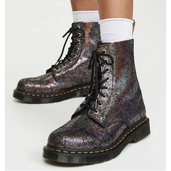 Dr. Martens 1460 Pascal Black Iridescent Metallic Crackle Leather Combat Boots 7 - Picture 1 of 7